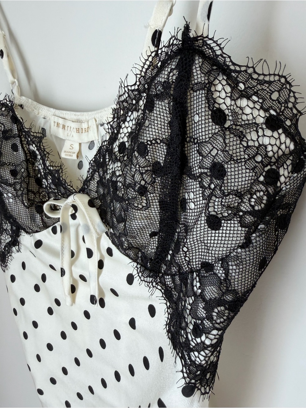 Cream black Polka Dot midi Skirt and tank top two piece Set with Lace Trim - Picture 7 of 8